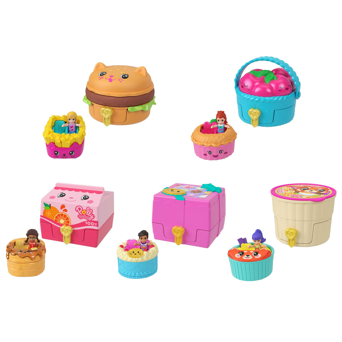 Polly Pocket Tiny Take Out Reveal Assortment, Micro Dolls & Compacts With Toy Cars, Food Theme Vehicle Collection